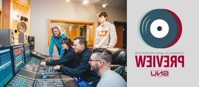 Commercial Music Production Preview Day at SNU. Image shows students and faculty member gathering around a music mixing station